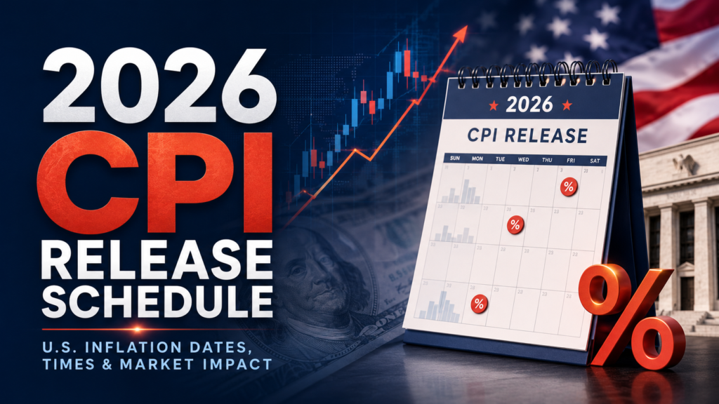 2026 CPI release schedule blog cover showing a calendar, inflation percentage symbols, market chart, U.S. flag, and financial market visuals.
