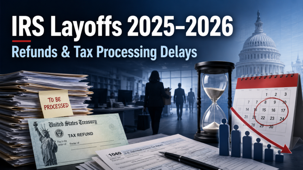 Editorial cover image showing IRS tax refund paperwork, processing documents, an hourglass, a calendar, and a declining workforce chart representing IRS layoffs and refund delays in 2025–2026.