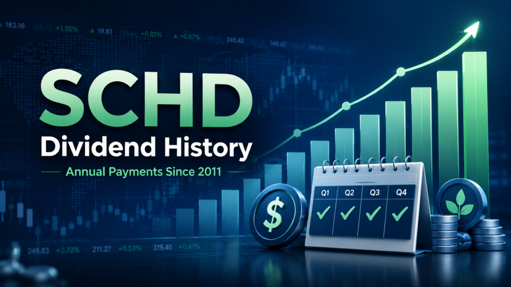 Professional financial cover image showing SCHD dividend history, quarterly payments, rising dividend growth chart, and investment icons.