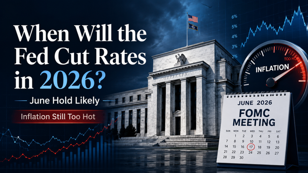 Federal Reserve building with inflation gauge, market charts, and June 2026 FOMC calendar for a Fed rate cut outlook article.