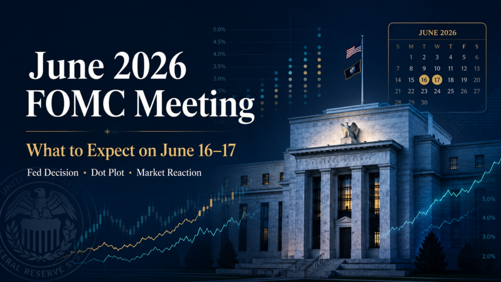 Professional financial blog cover showing the Federal Reserve building, June 2026 calendar, dot plot, and market charts for the June 16–17 FOMC meeting.