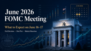 Professional financial blog cover showing the Federal Reserve building, June 2026 calendar, dot plot, and market charts for the June 16–17 FOMC meeting.