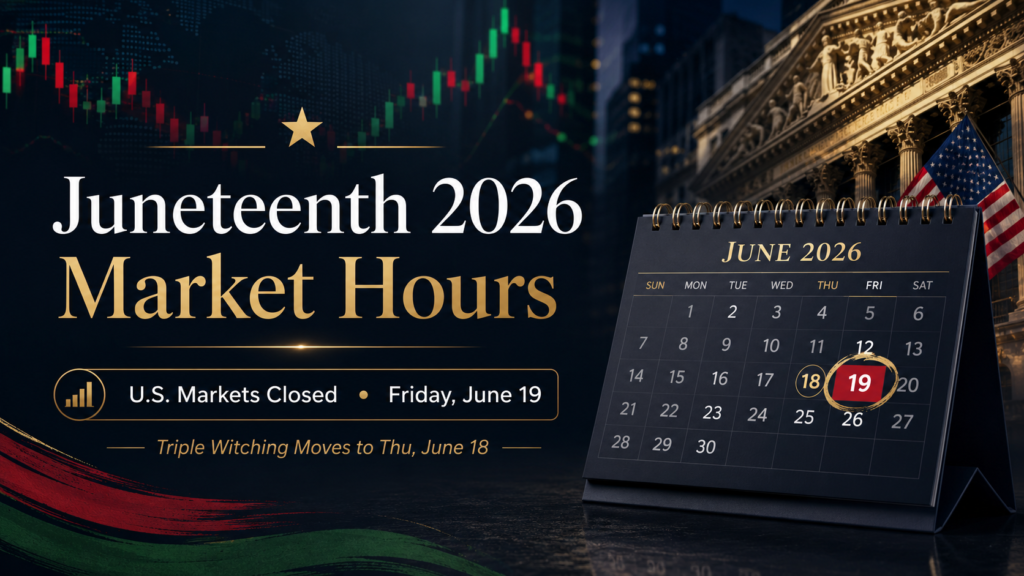 Professional finance blog cover showing Juneteenth 2026 market hours, with a June calendar highlighting June 19 and U.S. markets closed.