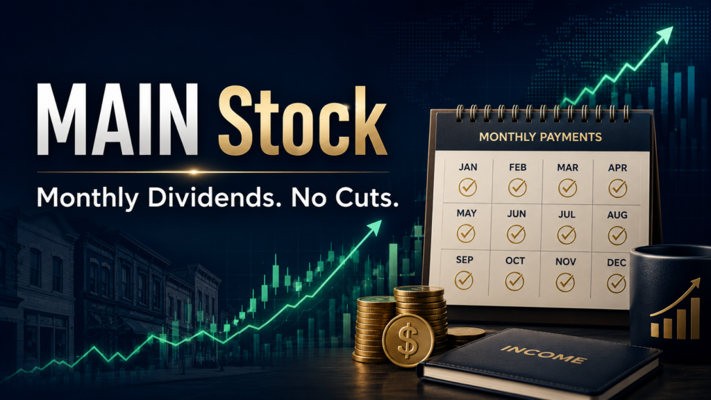 Professional finance cover image for MAIN stock showing monthly dividend payments, a rising market chart, coins, and an income calendar.