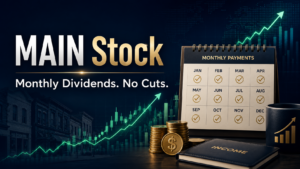 Professional finance cover image for MAIN stock showing monthly dividend payments, a rising market chart, coins, and an income calendar.