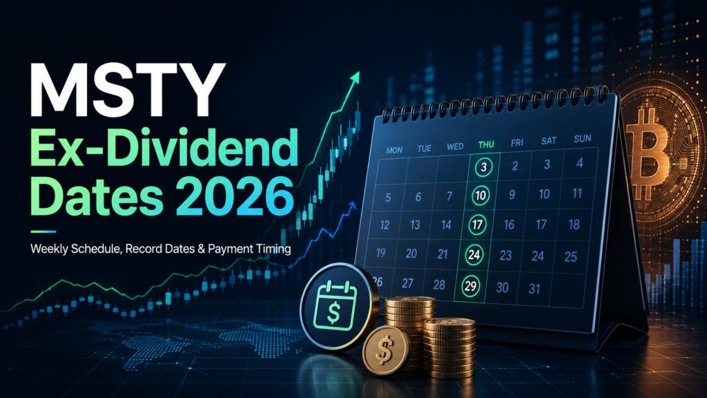 Professional finance blog cover showing MSTY ex-dividend dates for 2026 with a weekly calendar, market chart, payout icons, and crypto-inspired visuals.