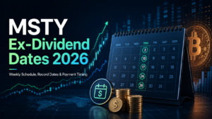 Professional finance blog cover showing MSTY ex-dividend dates for 2026 with a weekly calendar, market chart, payout icons, and crypto-inspired visuals.