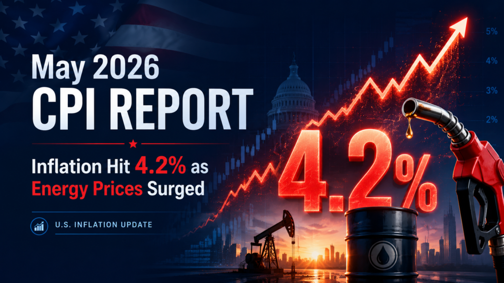 May 2026 CPI report cover showing U.S. inflation rising to 4.2% as energy prices surged, with a glowing upward chart, fuel nozzle, oil barrel, and financial market background.