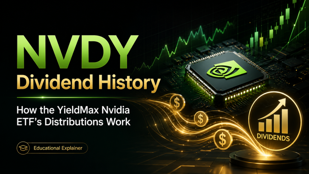 NVDY Dividend History cover image showing Nvidia ETF distributions, option-income strategy, stock chart visuals, and dividend cash flow.