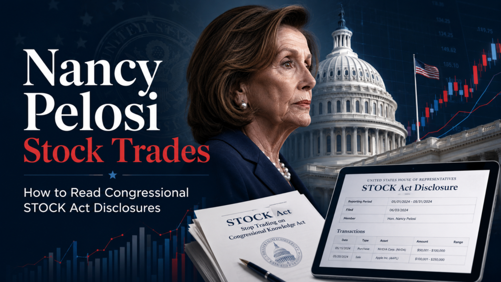 Editorial finance cover showing Nancy Pelosi, the U.S. Capitol, stock market charts, and STOCK Act disclosure documents for a guide on congressional stock trade filings.