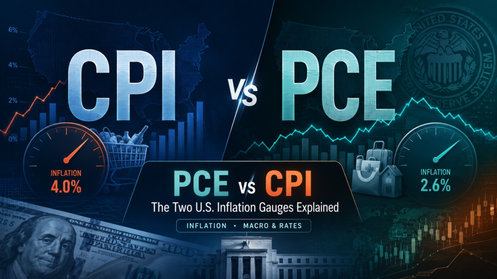 Professional comparison graphic explaining PCE vs CPI, the two key U.S. inflation gauges used to track consumer prices and Federal Reserve policy.