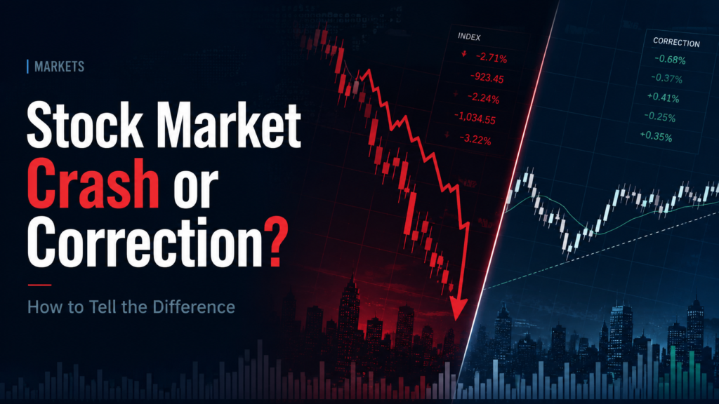 Stock market crash or correction concept with red falling chart, candlesticks, volatility data, and market dashboard visuals.