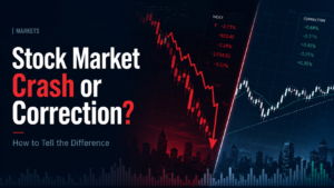 Stock market crash or correction concept with red falling chart, candlesticks, volatility data, and market dashboard visuals.
