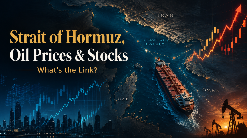 Oil tanker crossing the Strait of Hormuz with rising oil price and stock market charts showing global energy risk.