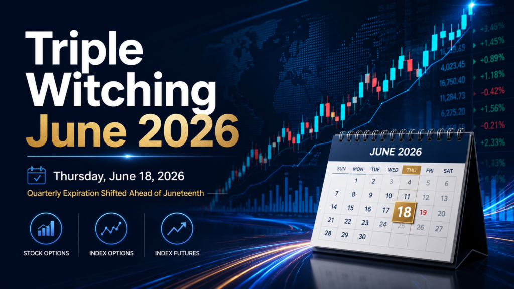 Triple Witching June 2026 cover image showing June 18, 2026 market expiration date, stock charts, index options, stock options, and index futures.
