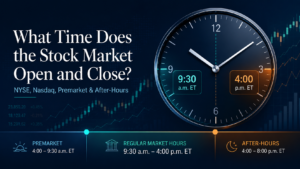 Professional infographic showing U.S. stock market hours with a clock, NYSE and Nasdaq open and close times, premarket hours, regular trading session, and after-hours trading.