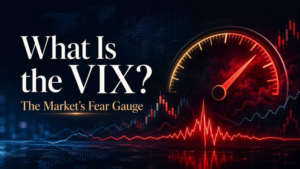 Professional finance cover image showing the VIX as a glowing market fear gauge with stock charts, volatility waves, and S&P 500 market stress visuals.