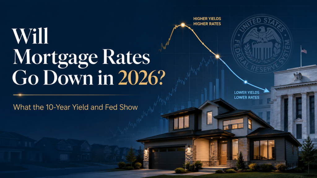 Professional finance cover image showing a modern home, Treasury yield chart, and Federal Reserve building for a 2026 mortgage rates outlook.