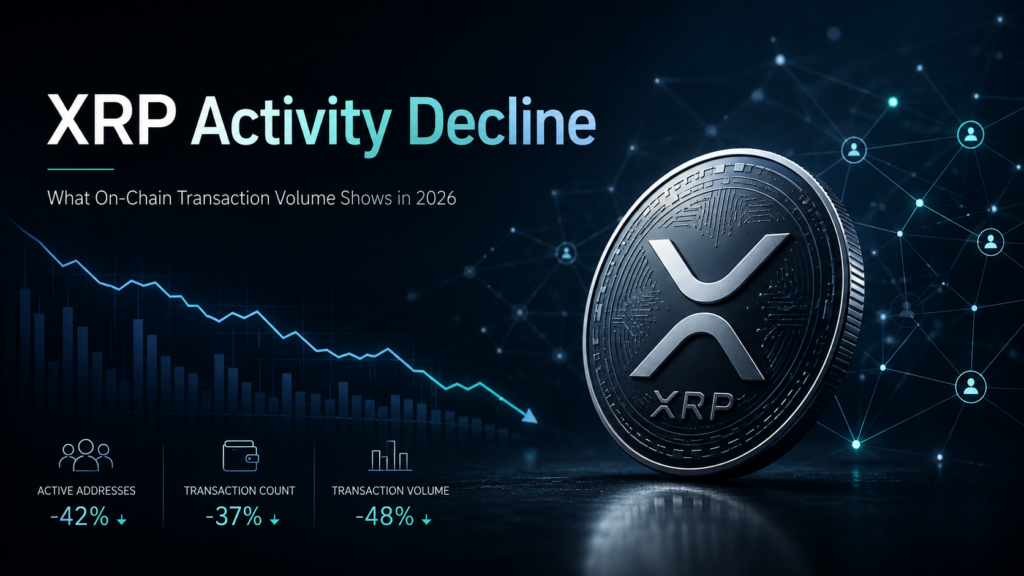 Professional crypto market cover showing XRP network activity decline with a falling on-chain transaction chart, active address metrics, and digital blockchain nodes.