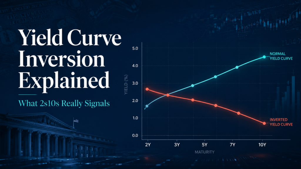Professional chart showing normal and inverted Treasury yield curves with 2-year to 10-year maturities, illustrating what the 2s10s spread signals.
