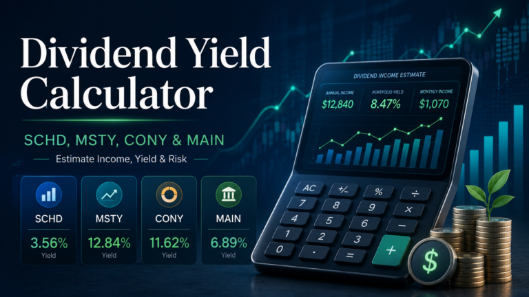 Dividend yield calculator dashboard showing SCHD, MSTY, CONY and MAIN income estimates, yield comparison and risk metrics.
