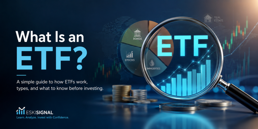 Professional ETF explainer cover image showing ETF text, financial charts, asset allocation icons, and a magnifying glass for an educational guide on exchange-traded funds.