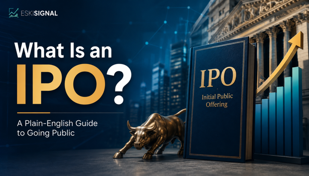 Professional blog cover image explaining what an IPO is, featuring stock market visuals, an IPO book, Wall Street building, growth chart, and charging bull.