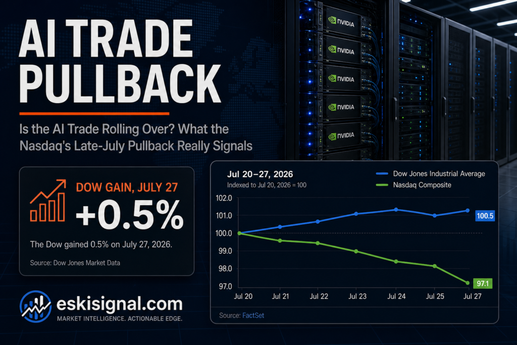 Cover image for analysis of the Nasdaq's late-July 2026 AI trade pullback, contrasted with the Dow's 0.5% gain on July 27