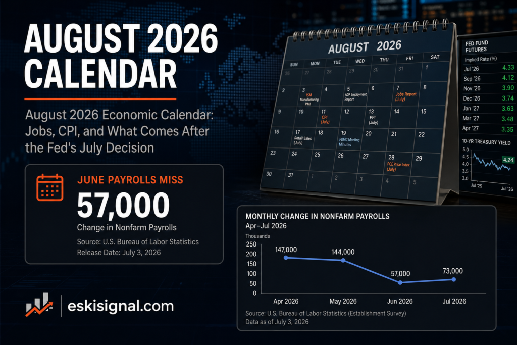 Cover image for the August 2026 economic calendar showing the June payrolls miss of 57,000 jobs ahead of the July jobs and CPI reports