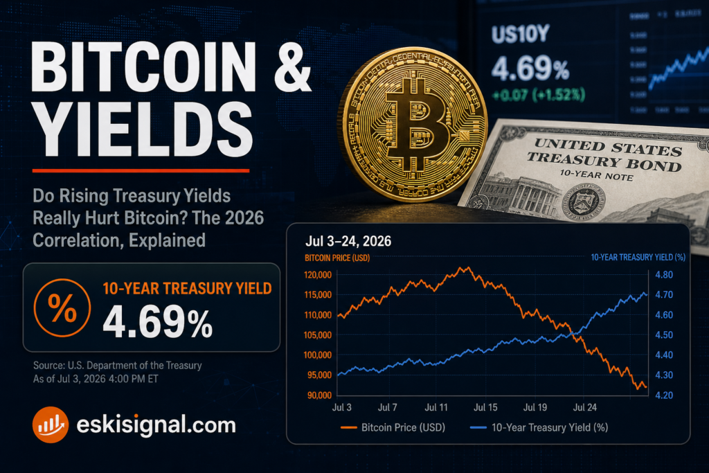 Cover image illustrating the 2026 correlation between Bitcoin and the 10-year Treasury yield, which closed at 4.69% in late July