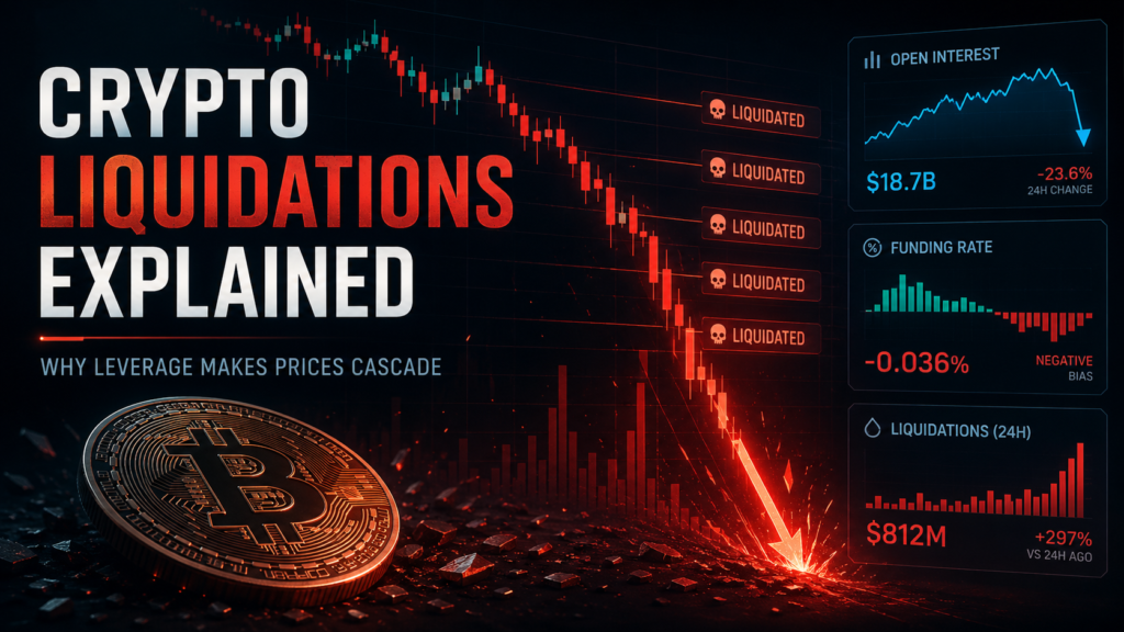 Crypto liquidation cascade visual with falling Bitcoin candlestick chart, liquidation levels, open interest, funding rate, and 24-hour liquidation data.