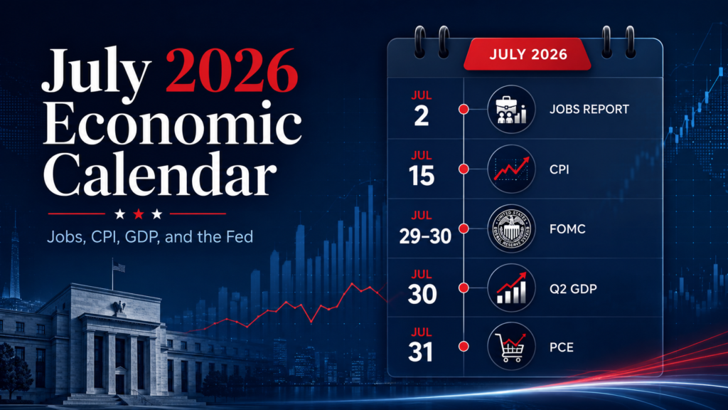 Professional finance blog cover showing the July 2026 economic calendar with key U.S. market events including the jobs report, CPI, FOMC meeting, Q2 GDP, and PCE inflation data.