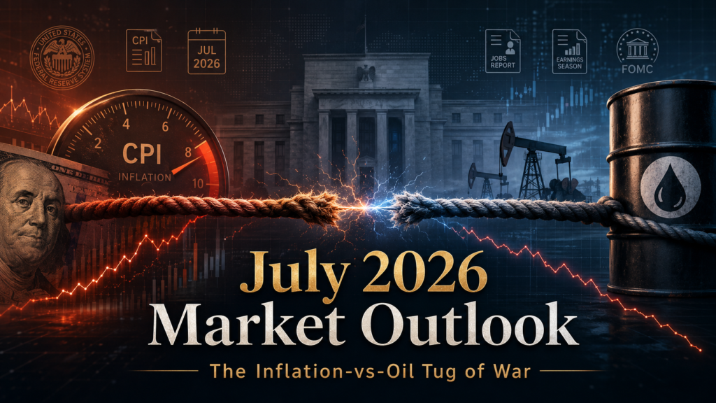Professional financial market outlook cover showing July 2026 inflation pressure, oil price trends, Fed policy, CPI data, jobs report, FOMC, and earnings season.