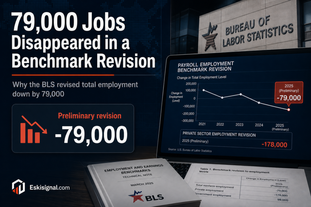 Editorial illustration about the U.S. Bureau of Labor Statistics benchmark revision that cut total employment by 79,000 jobs and private employment by 178,000.