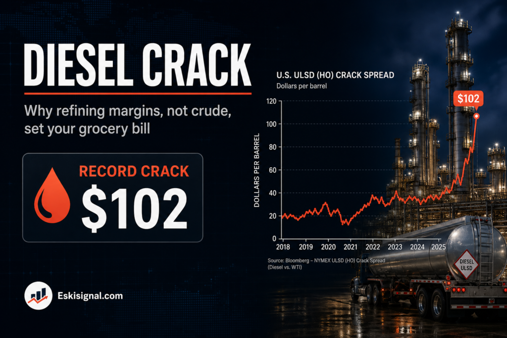 A diesel crack spread record highlights how refining margins and distillate shortages can push up freight costs and affect grocery prices.