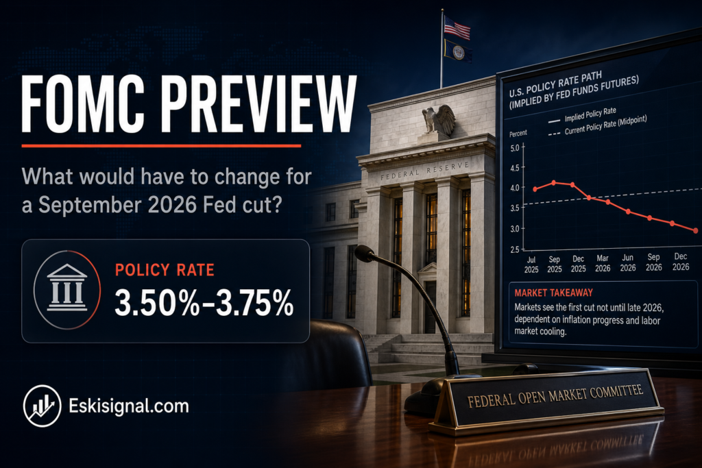 A finance article image about the September 2026 FOMC meeting, the Fed’s current policy rate of 3.50%–3.75%, and the conditions that could lead to a rate cut.
