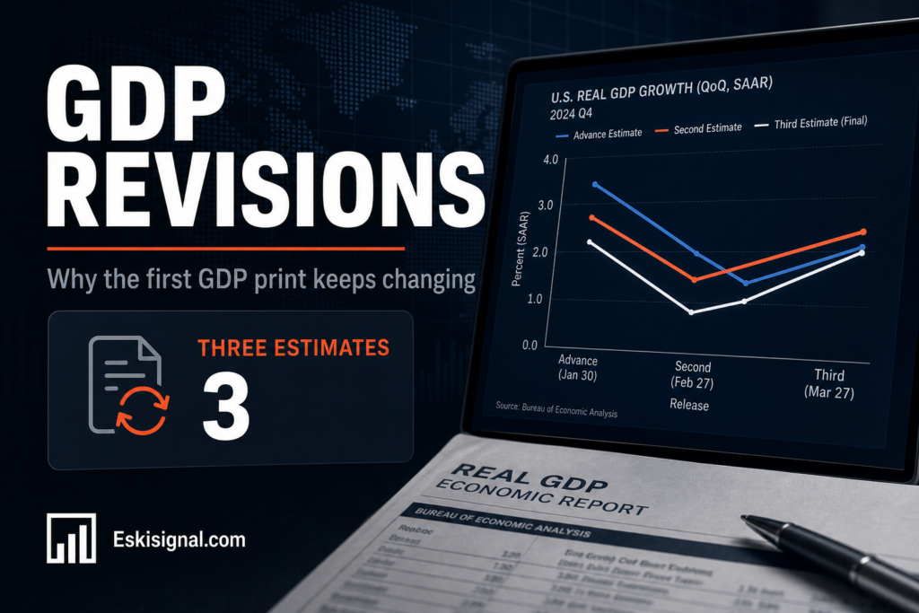 GDP revisions explained, showing why the first reported GDP number is revised as more complete data becomes available.