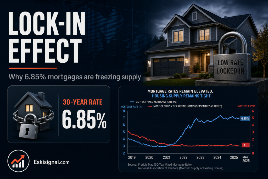 A financial housing market illustration showing how 6.85% mortgage rates are keeping homeowners from selling and limiting home supply.