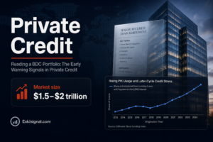 Private credit and BDC disclosures are used to spot early warning signals, including market size, valuation marks, and rising payment-in-kind income.
