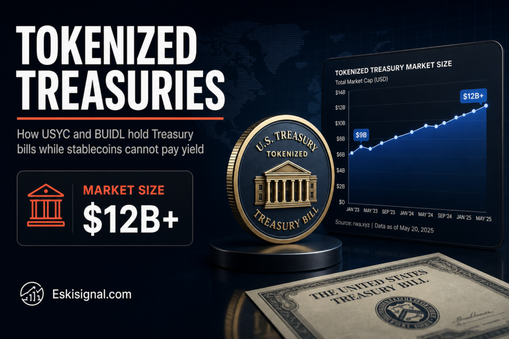 Tokenized Treasury funds have grown past $12 billion as USYC and BUIDL attract capital under U.S. stablecoin yield restrictions.