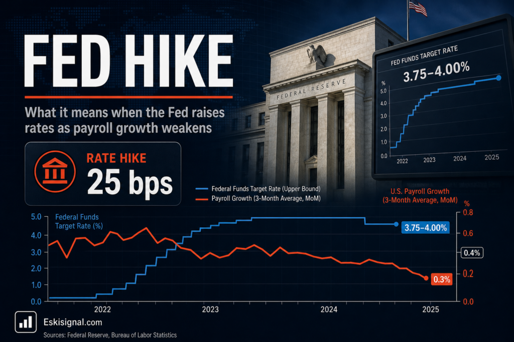 A report on the Federal Reserve raising rates by 25 basis points while payroll growth weakens, with inflation and interest-rate trends shown alongside market imagery.