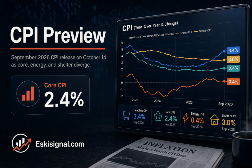 September 2026 CPI preview with inflation data, core CPI at 2.4%, headline CPI at 3.4%, and market attention on the October 14 release.